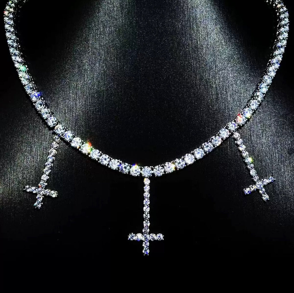 lil uzi vert upside down cross choker pendant necklace tennis link chain vvs diamond
