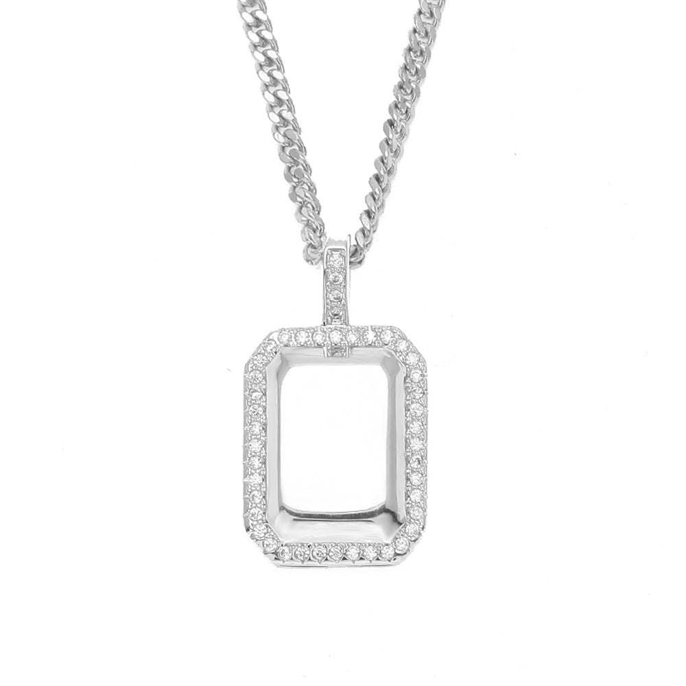 Iced Out Dog Tag Bar Style Pendant Simulated Diamonds Free Chain Charm