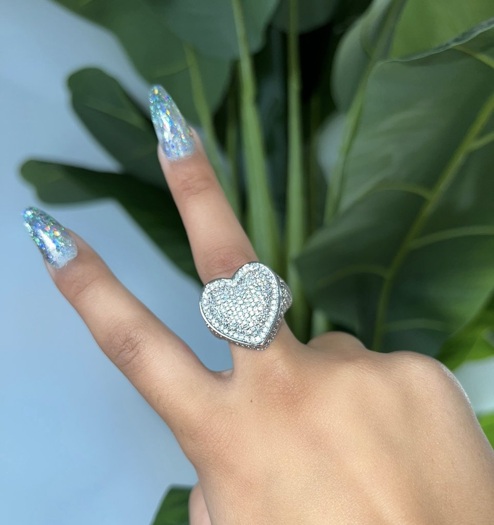 Fully iced 3D heart ring White Gold fashion nova shein coachella diamond ring hip hop jewelry rapper