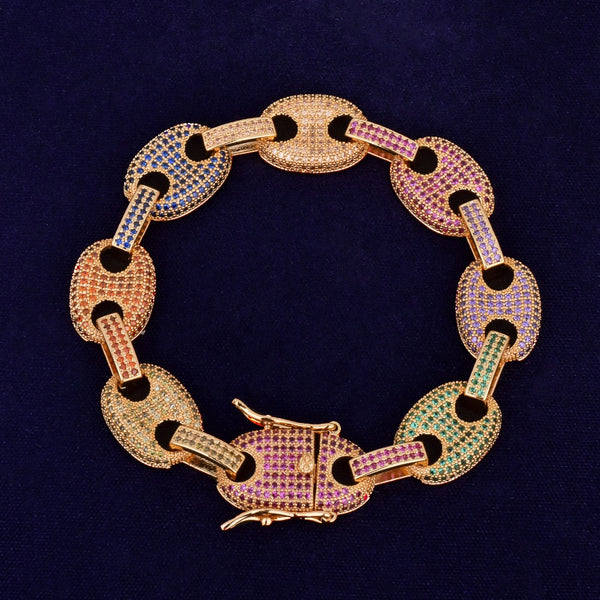 Yellow gold Iced out gucci link 11mm bracelet multicolored