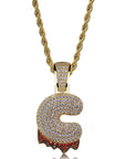 Custom Bubble Letters Initial A-Z Alphabet RED fire flame dripping cardi b drip drip diamond necklace 14K GOLD silver