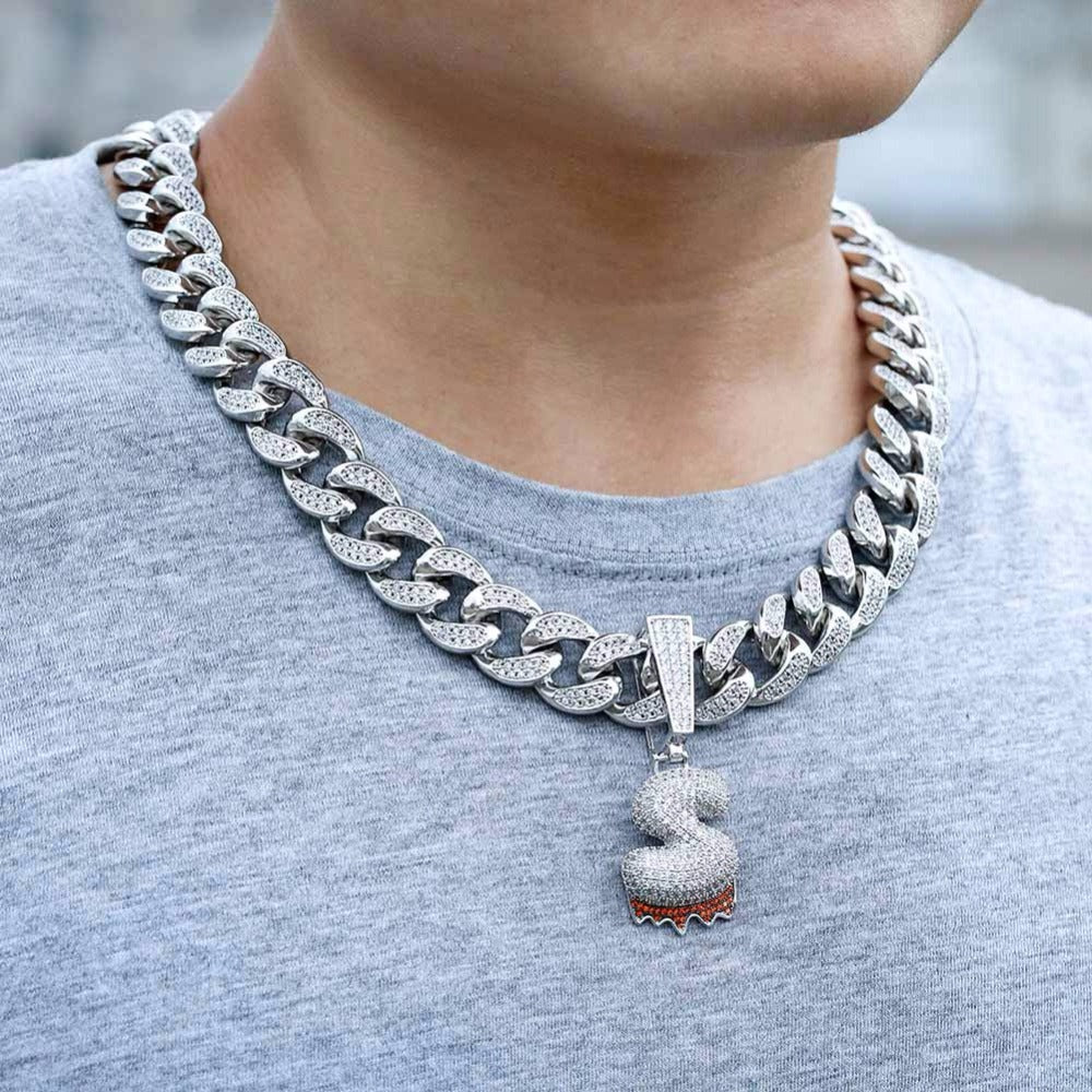 Custom Bubble Letters Initial A-Z Alphabet RED fire flame dripping cardi b drip drip diamond necklace 14K GOLD silver
