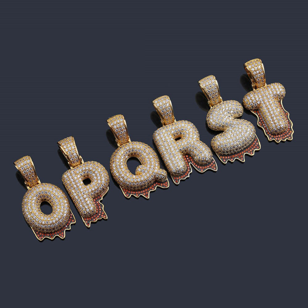Custom Bubble Letters Initial A-Z Alphabet RED fire flame dripping cardi b drip drip diamond necklace 14K GOLD silver