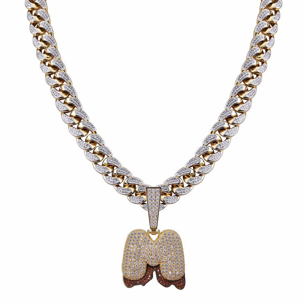 Custom Bubble Letters Initial A-Z Alphabet RED fire flame dripping cardi b drip drip diamond necklace 14K GOLD silver