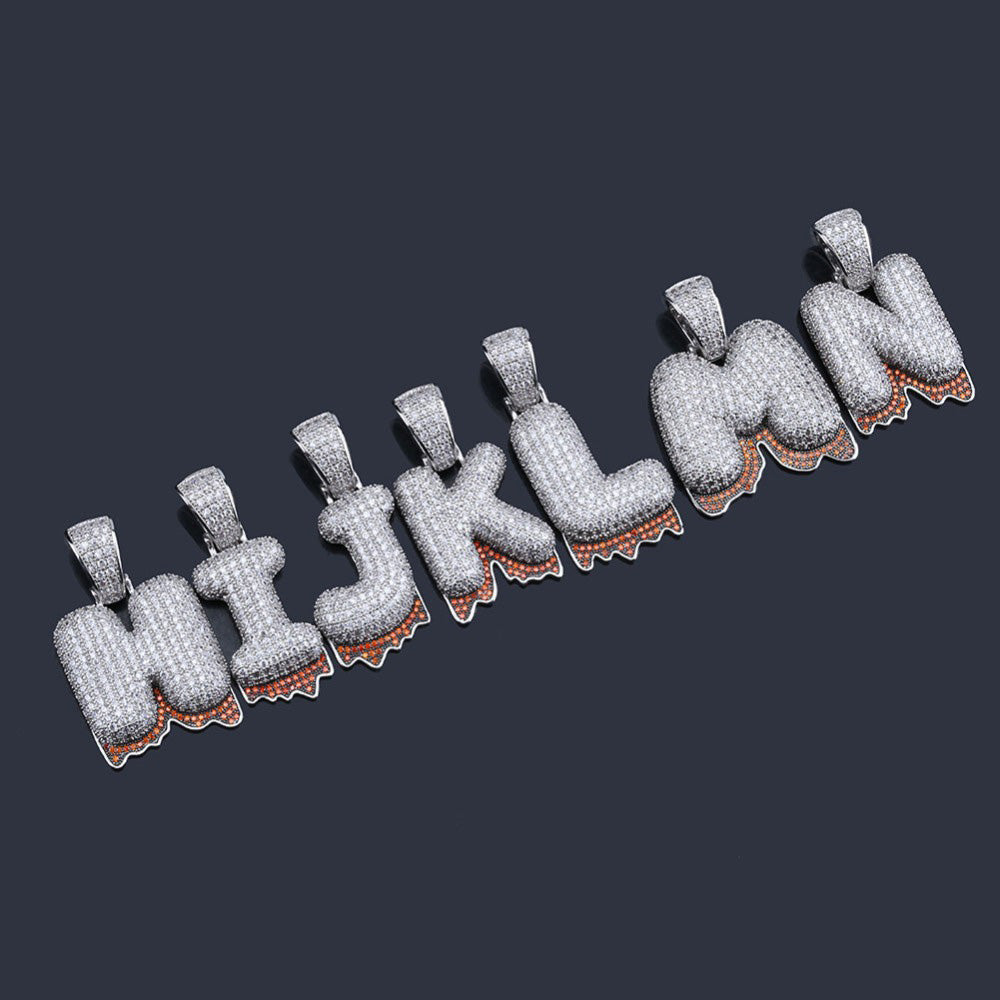 Custom Bubble Letters Initial A-Z Alphabet RED fire flame dripping cardi b drip drip diamond necklace 14K GOLD silver