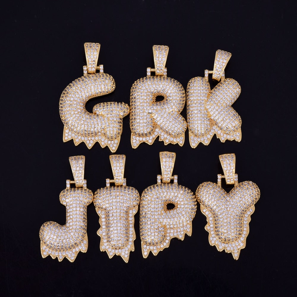 Custom Bubble Letters Initial A-Z Alphabet fire flame dripping cardi b drip drip diamond necklace 14K GOLD silver