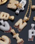 Custom Bubble Letters Initial A-Z Alphabet RED fire flame dripping cardi b drip drip diamond necklace 14K GOLD silver
