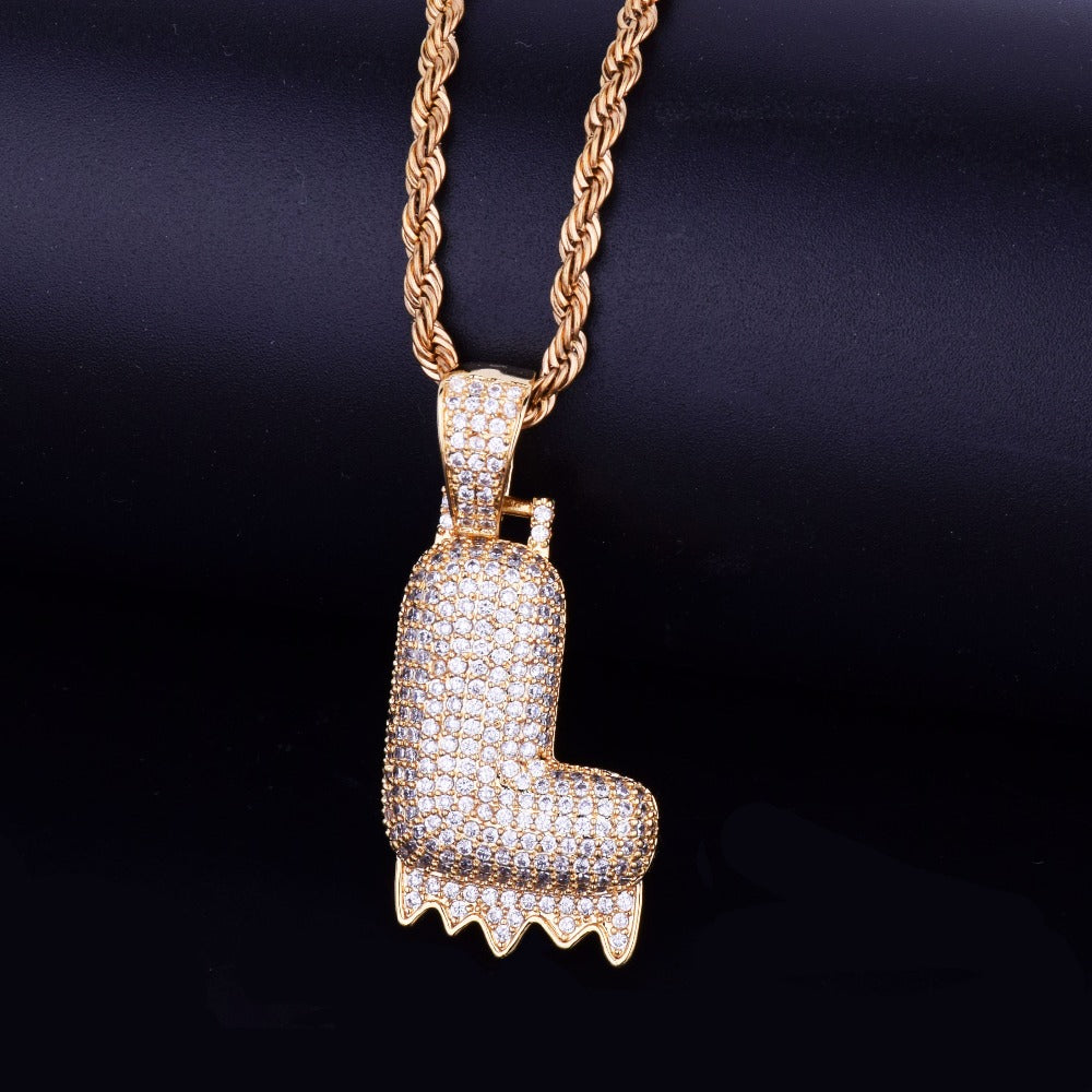 Custom Bubble Letters Initial A-Z Alphabet fire flame dripping cardi b drip drip diamond necklace 14K GOLD silver