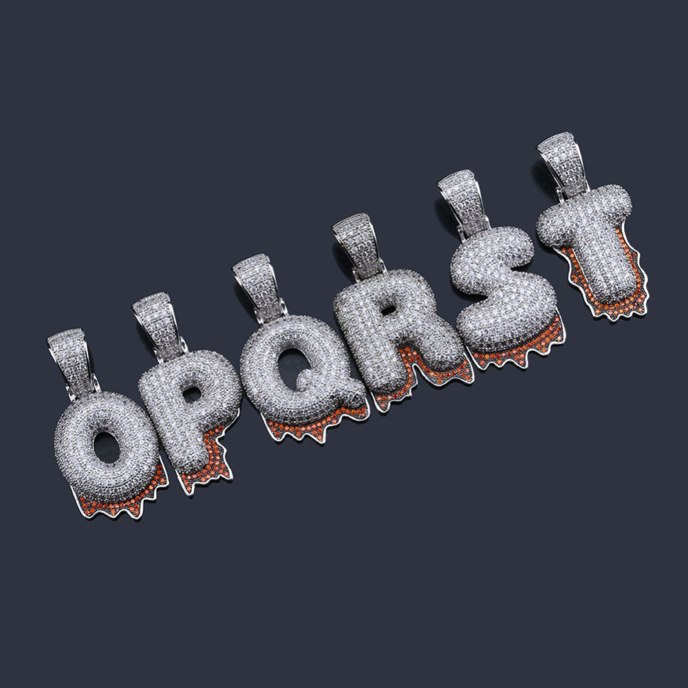 Custom Bubble Letters Initial A-Z Alphabet RED fire flame dripping cardi b drip drip diamond necklace 14K GOLD silver