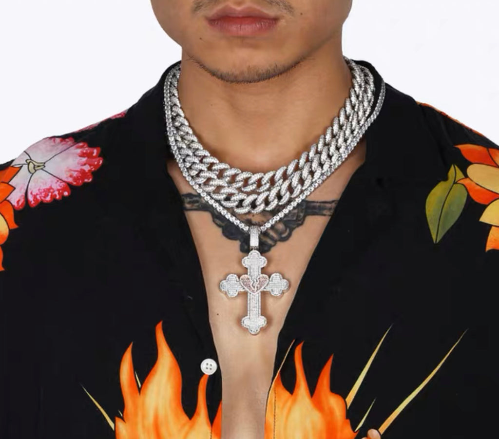 Vintage broken heart cross deluxe pendant & diamond necklace with free matching chain cuban links chain included as seen on Tyga.