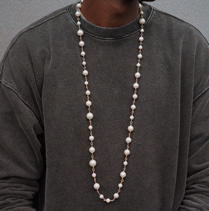 Asap Rocky pearl necklace Chanel cuban links chain with beads vlone playboi carti jeweler diamond gold