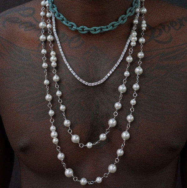Asap Rocky pearl interlaced twist link necklace chain - White Gold