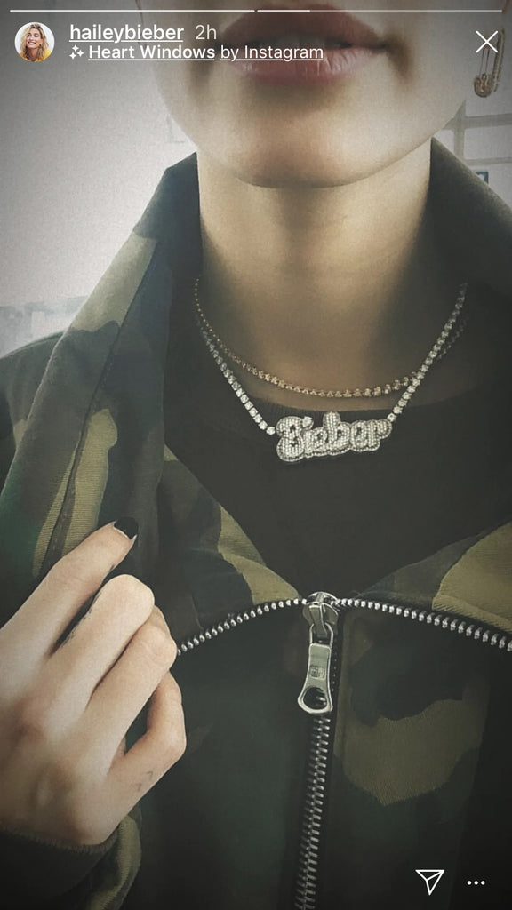 Hailey Bieber Wears Diamond Necklace With Her Married Last Name Vogue people.com custom name diamond necklace tennis link chain