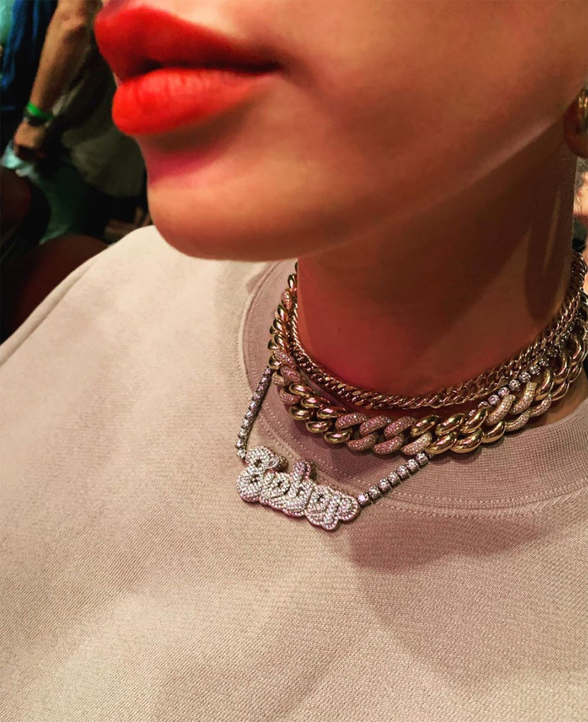 Hailey Bieber Wears Diamond Necklace With Her Married Last Name Vogue people.com custom name diamond necklace tennis link chain
