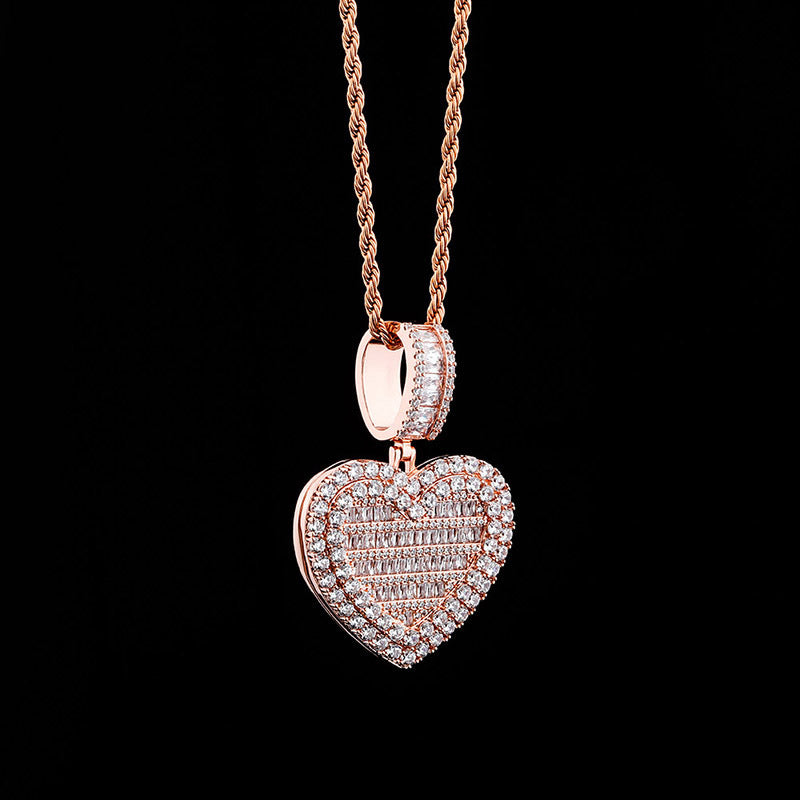 Custom memorial photo necklace chain heart locket baguette charm pendant diamond custom  shopgld