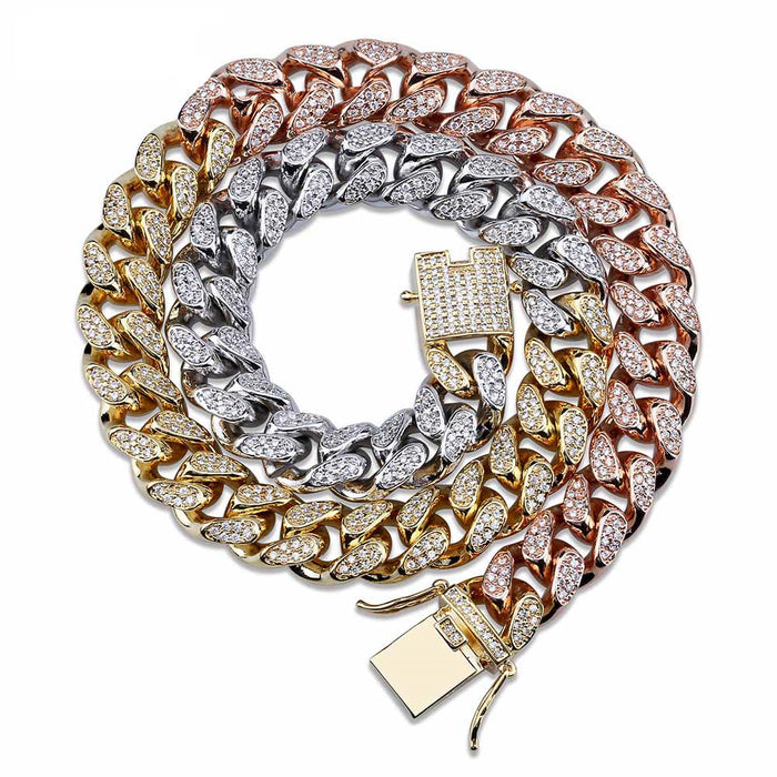 Miami Cuban Chain 14mm 18mm tri-colored Necklace Chain For Men Gold Silver Color Iced Out Micro Pave Cubic Zircon Hip Hop Jewelry shopgld