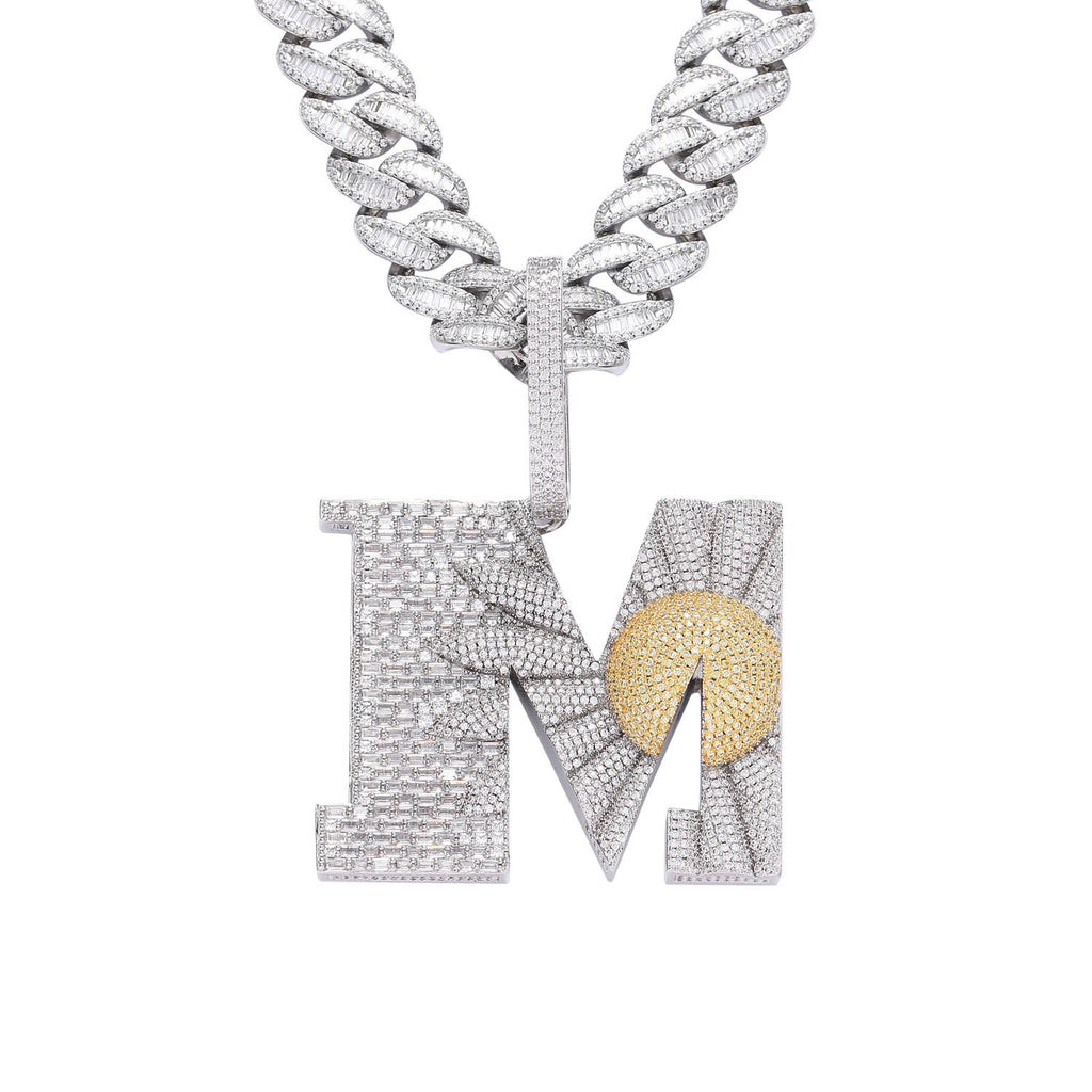 Iced Out diamond daisy flower letter M pendant necklace with free matching chain included as seen on Rapper Knowknow. custom ifandco diamond