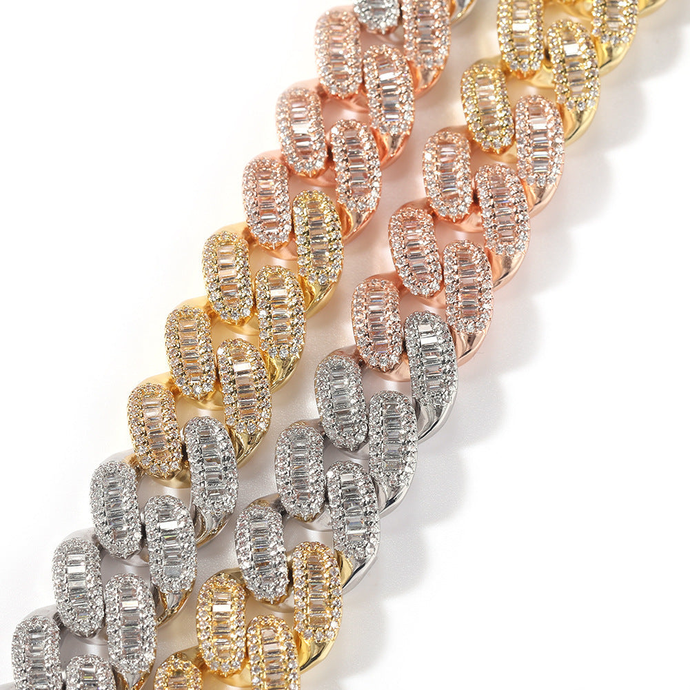 15mm cuban link necklace chain in baguette diamond White Gold Yellow Gold sterling silver hip hop jewelry cheap best quality custom made