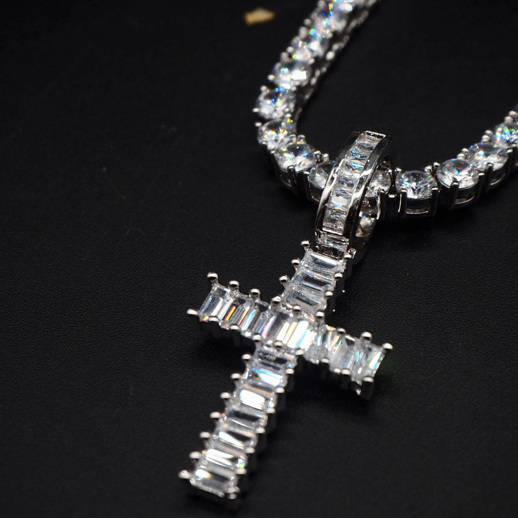 Baguette cross pendant & necklace with free matching chain hiphop