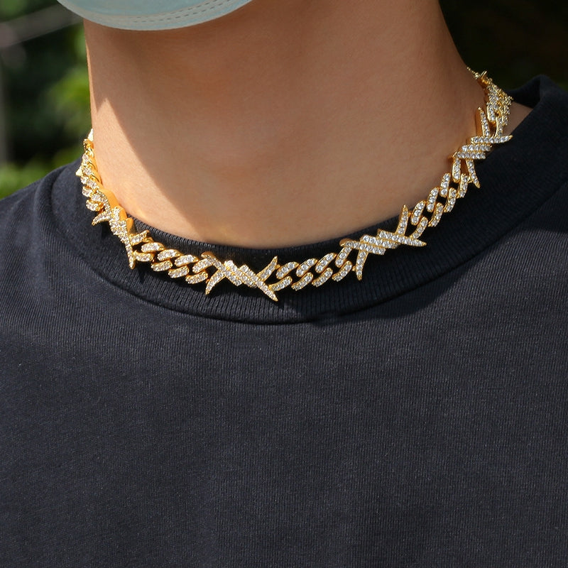 10mm Iced diamond Barbed wire link necklace bacelet chain White Gold yellow gold ifandco