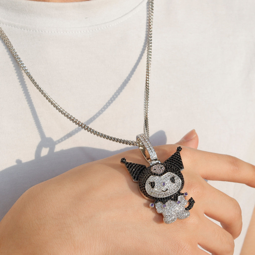 ifandco Iced Out Kuromi diamond pendant necklace with free matching chain included.