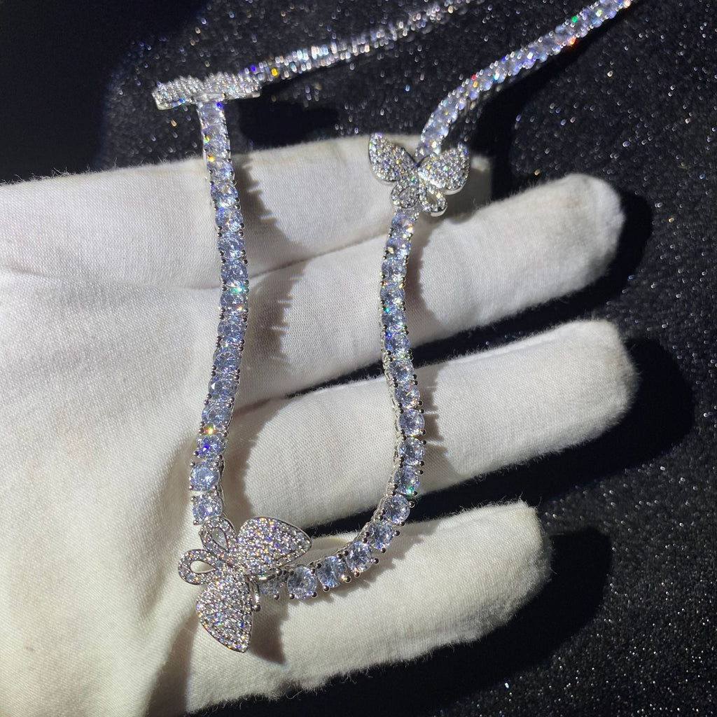4mm tennis link with fully iced 3 butterflies short diamond necklace choker White Gold kylie jenner kardashians
