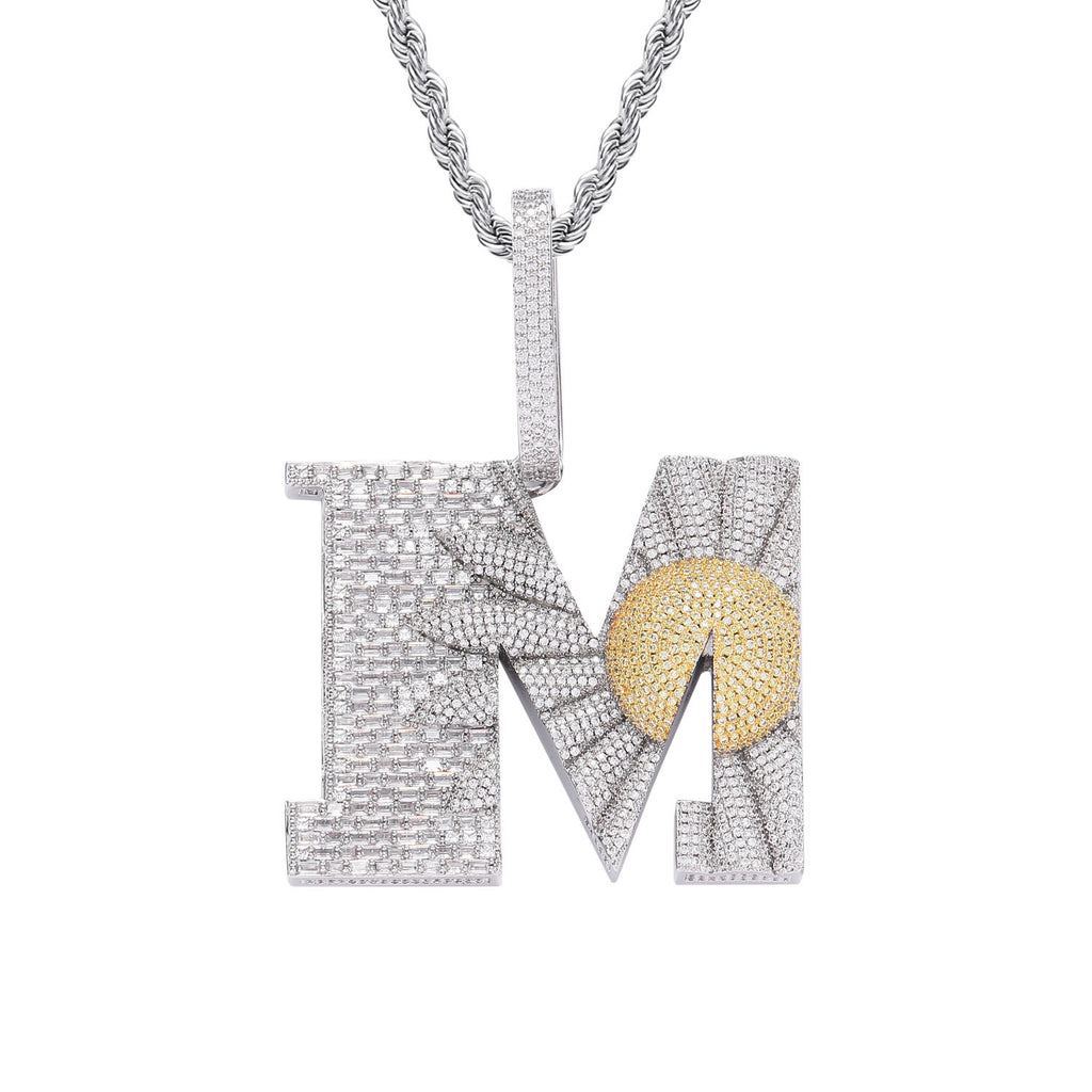Iced Out diamond daisy flower letter M pendant necklace with free matching chain included as seen on Rapper Knowknow. custom ifandco diamond