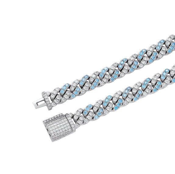 8mm cuban links necklace chain in white and blue diamonds