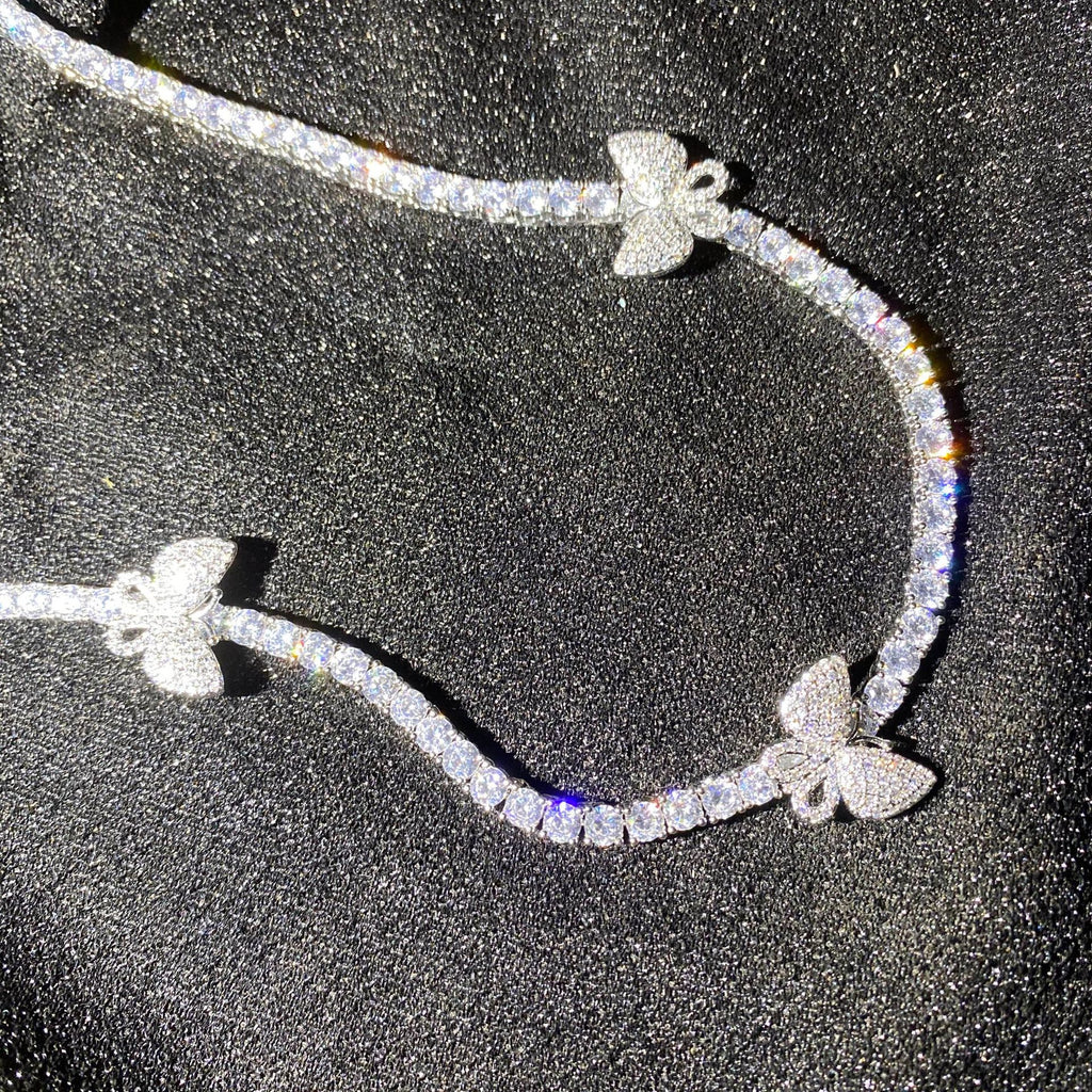 4mm tennis link with fully iced 3 butterflies short diamond necklace choker White Gold kylie jenner kardashians