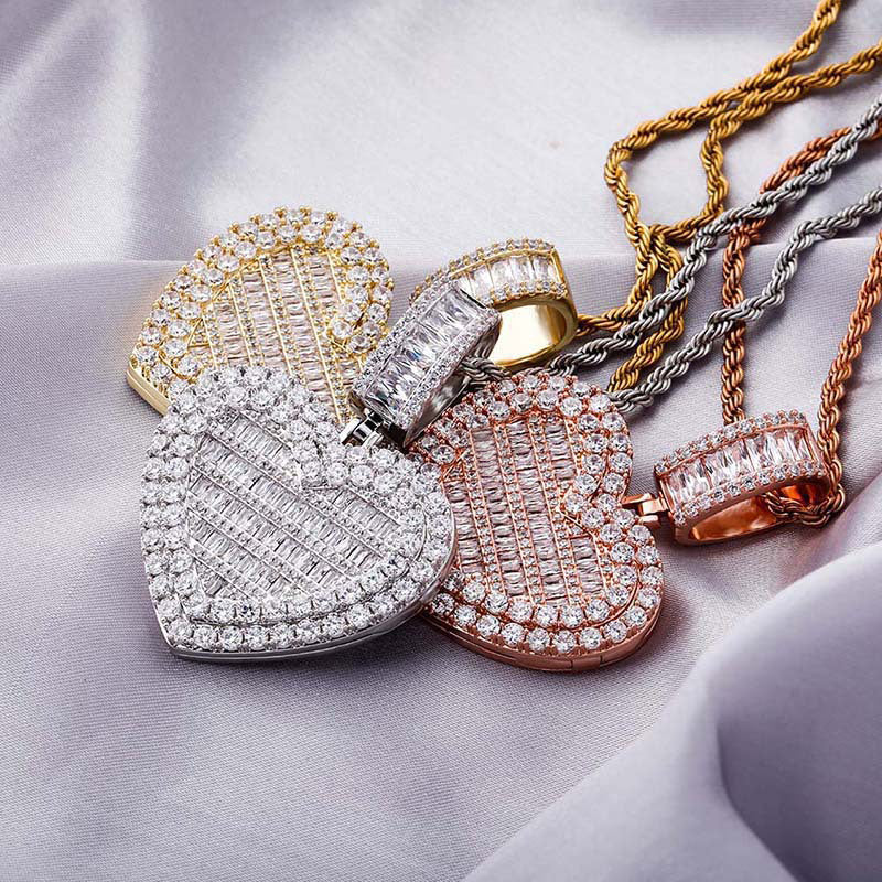 Custom memorial photo necklace chain heart locket baguette charm pendant diamond custom  shopgld