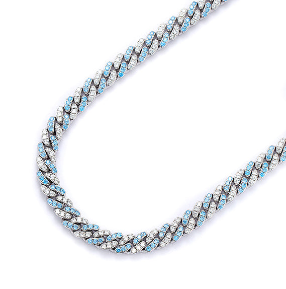 8mm cuban links necklace chain in white and blue diamonds