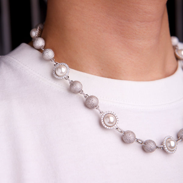 Utopia Fully iced white pearl beaded necklace chain - White Gold