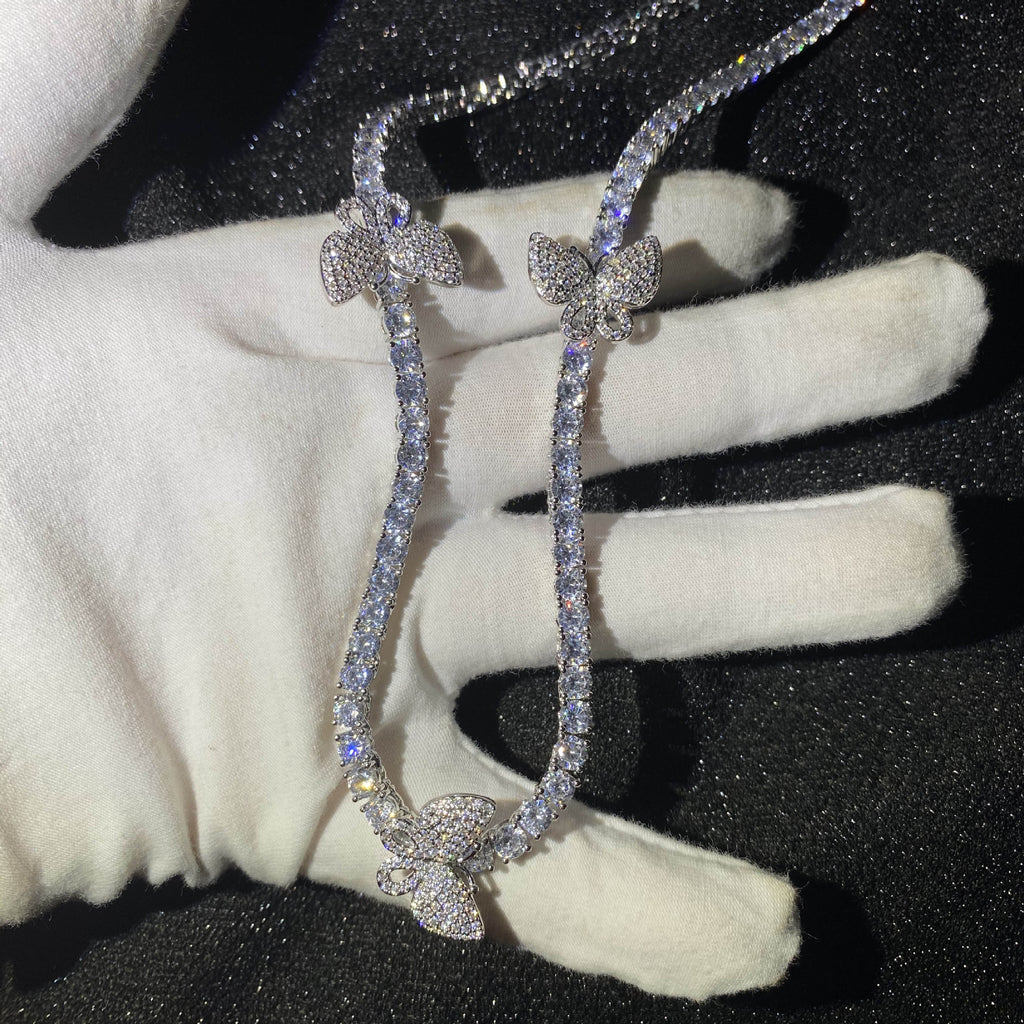 4mm tennis link with fully iced 3 butterflies short diamond necklace choker White Gold kylie jenner kardashians