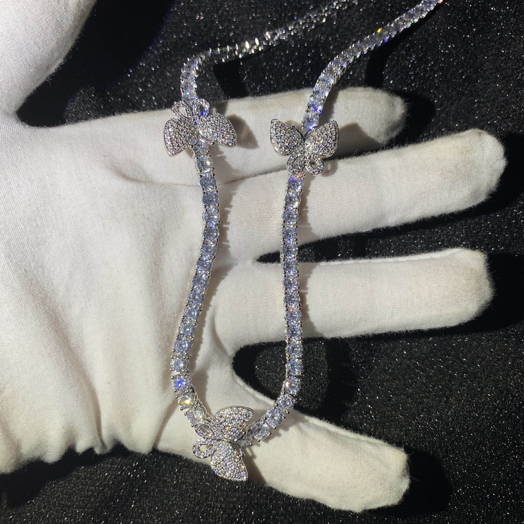 4mm tennis link with fully iced 3 butterflies short diamond necklace choker White Gold kylie jenner kardashians