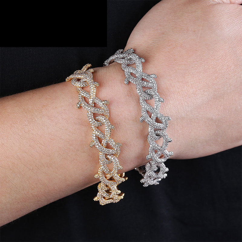 15mm Iced Barbed wire link bracelet chain shopgld gold diamond