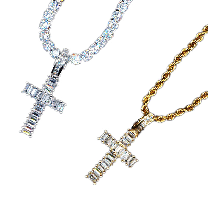 Baguette cross pendant & necklace with free matching chain hiphop