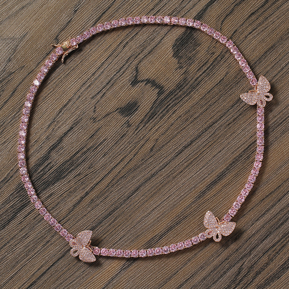 4mm tennis link with fully iced 3 butterflies short diamond necklace choker White Gold kylie jenner kardashians