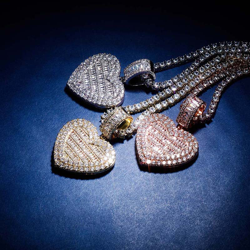 Custom memorial photo necklace chain heart locket baguette charm pendant diamond custom  shopgld