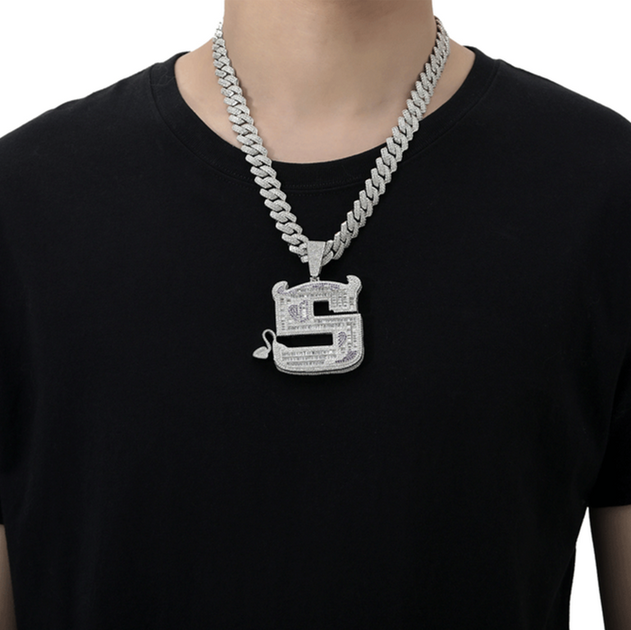 Devilish letter S pendant necklace chain in baguette diamond custom shopgld