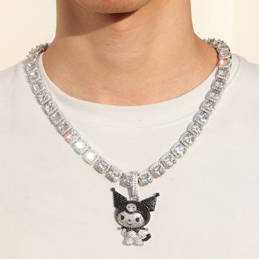 ifandco Iced Out Kuromi diamond pendant necklace with free matching chain included.