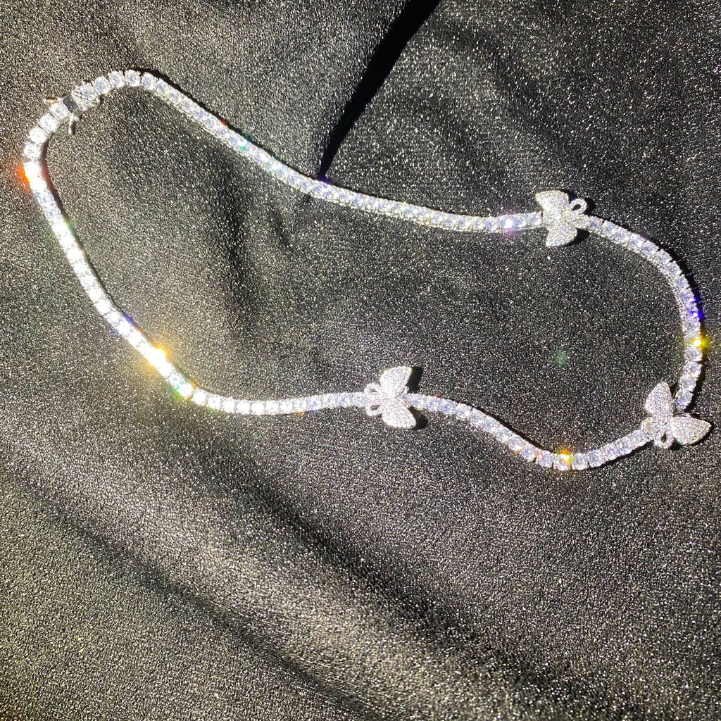 4mm tennis link with fully iced 3 butterflies short diamond necklace choker White Gold kylie jenner kardashians