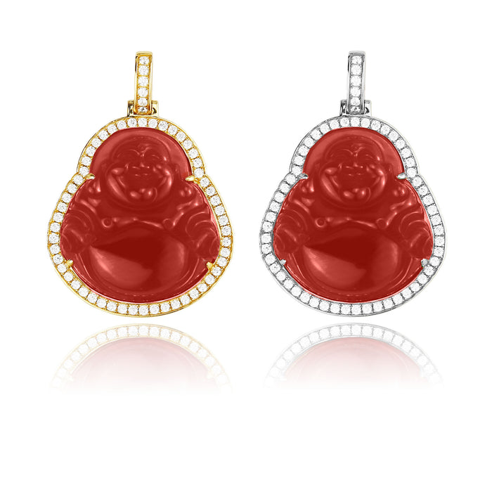 Micro Laughing Buddha pendant with iced border red jade