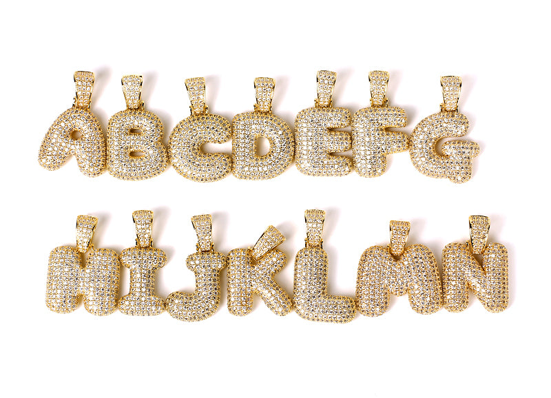 Custom Bubble Letters Initial 14k Gold Finish A-Z Alphabet Full Iced Out