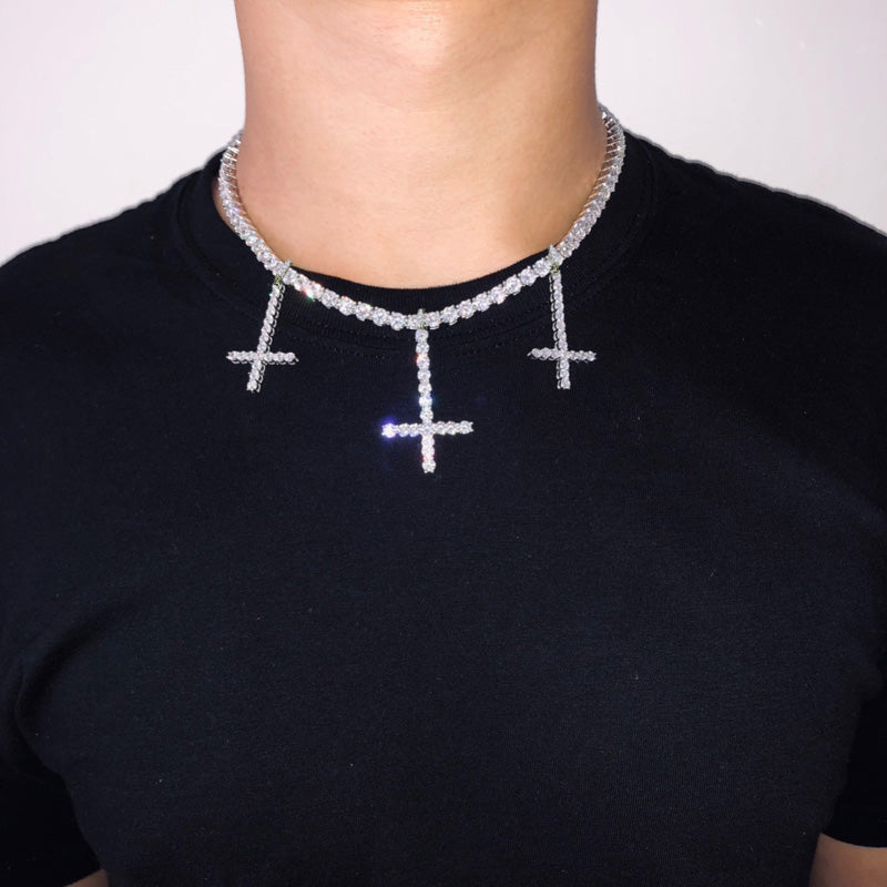 lil uzi vert upside down cross choker pendant necklace tennis link chain vvs diamond 