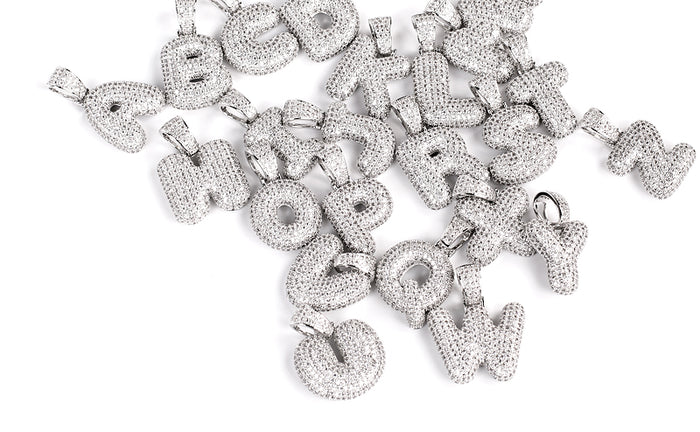 Custom Bubble Letters Initial White Gold Finish A-Z Alphabet Full Iced Out 14k