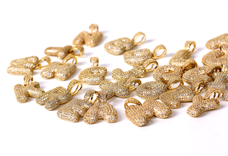 Custom Bubble Letters Initial 14k Gold Finish A-Z Alphabet Full Iced Out