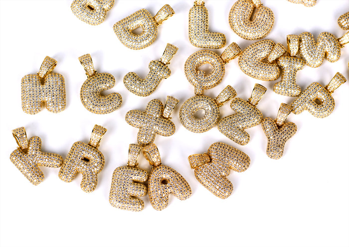 Custom Bubble Letters Initial 14k Gold Finish A-Z Alphabet Full Iced Out