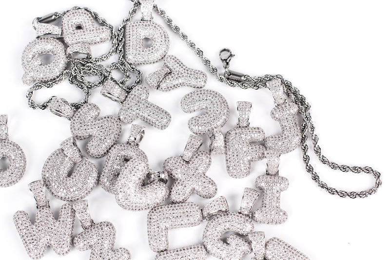 Custom Bubble Letters Initial White Gold Finish A-Z Alphabet Full Iced Out 14k