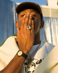 GQ Tyler the creator green heart ring emerald diamond custom made diamond vvs ifandco