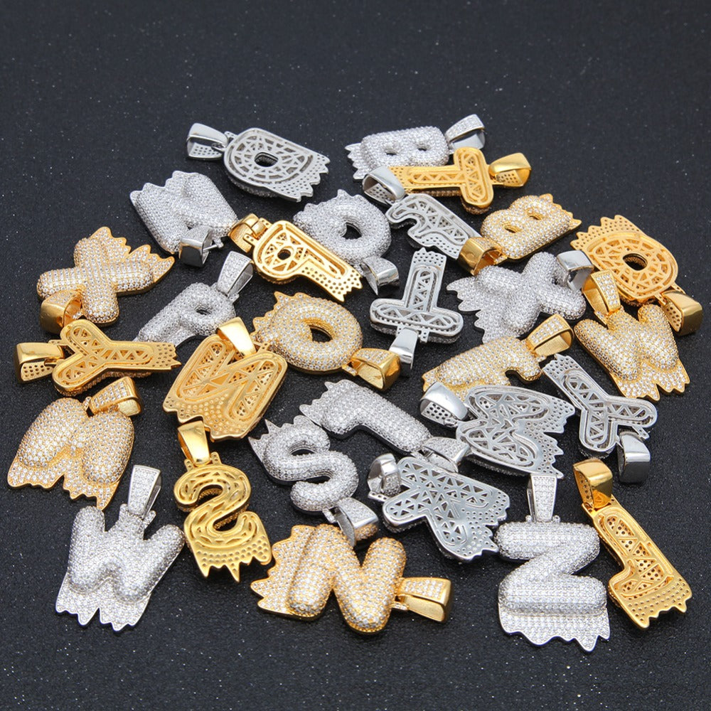 Custom Bubble Letters Initial A-Z Alphabet fire flame dripping cardi b drip drip diamond necklace 14K GOLD silver